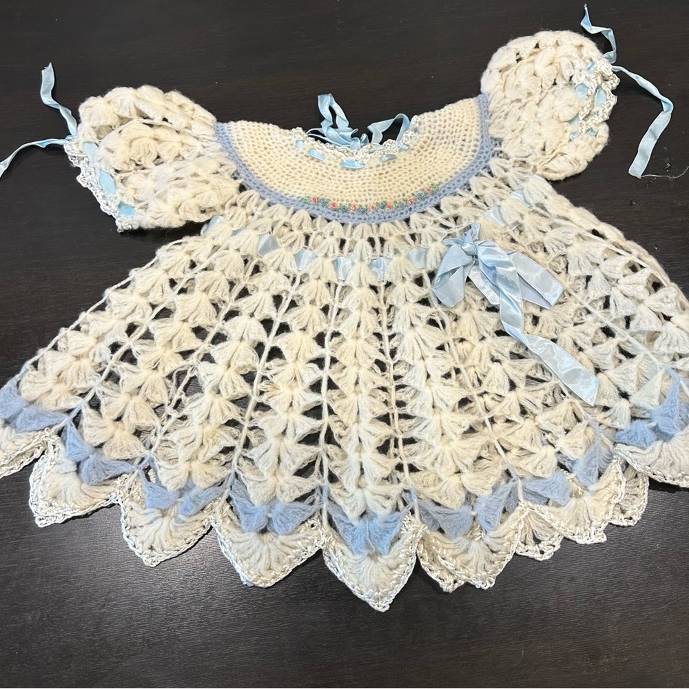 ☀️ 3/$15 Vintage Handmade Knit Baby Dress Cream and Blue